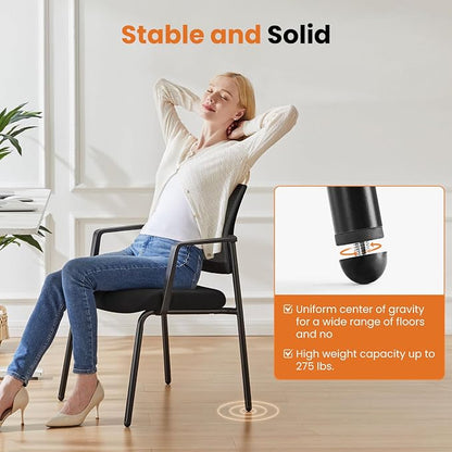 Mesh Back Stacking Arm Chairs, Office Reception Guest Chair with Upholstered Fabric Seat and Ergonomic Lumber Support, Sturdy Metal Office Chairs, Black-4pack