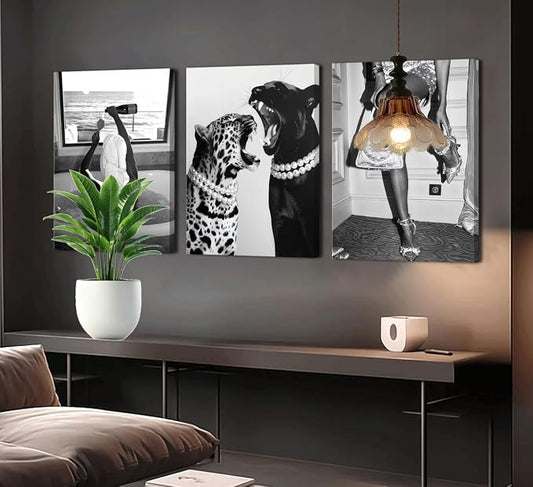 Bathroom Fashion Leopard Print Black and White Canvas Wall Art Trendy Women Posters Paintings Luxury Feminist Pictures Wall Decor for Bedroom Living Room Hallway Home Decoration 12×16 In Framed