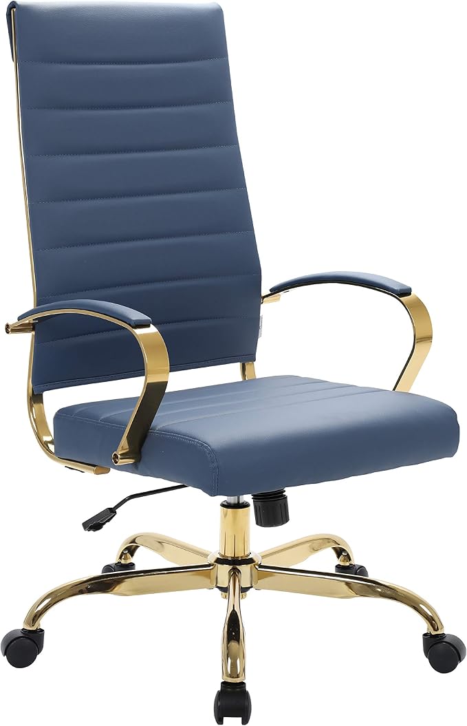 LeisureMod Modern High-Back Leather Office Chair - Swivel & Adjustable Executive Desk Chair with Gold Frame, Ergonomic Design for Home & Office (Navy Blue, Set of 8)