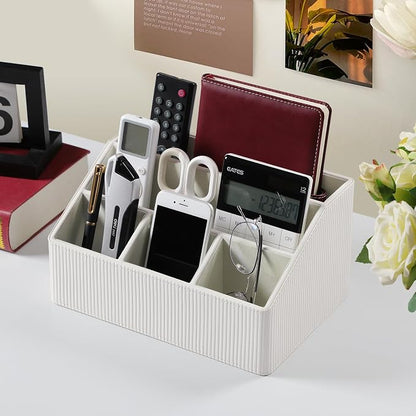 Desk Organizer Caddy with 5 Compartments for Office Art Supplies, PU Leather Nightstand Organizer Pencil Pen Desk Caddy for Home, Desktop TV Remote Control Holder Storage (Striped Ivory)