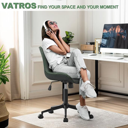 Armless Office Chair, Height Adjustable Desk Chair with Wheels, Ergonomic Comfy 360° Swivel Home Office Computer Task Chair, Faux Leather Padded Cute Vanity Chair,Green
