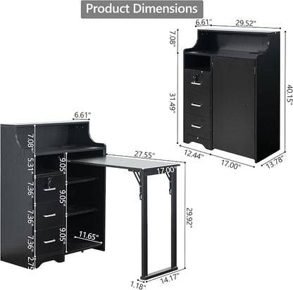 Fold Out Desk,Folding Desk with Storage,Lockable Drawers & Shelves, Built-in Power Outlet,Hidden Desk for Study and Home Office