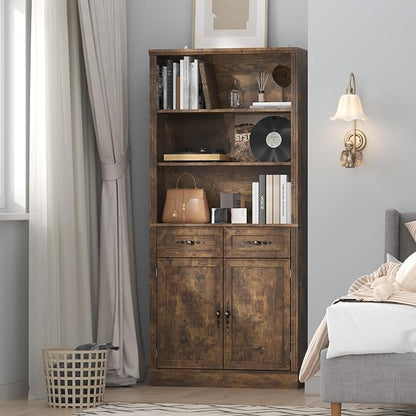Thacuok 72'' Tall Bookcase with Doors and Drawers, Adjustable Shelves, P2 MDF Construction, 32'' Wide Freestanding Cabinet with Metal Handles, Hidden Storage for Living Room, Bedroom