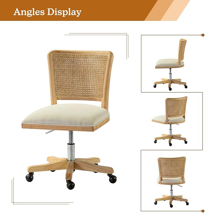 Modern Home Office Chair Comfortable Upholstered Armless Desk Chair, Adjustable Swivel Rolling Computer Chair with Rattan Mid-Back Support, Beige