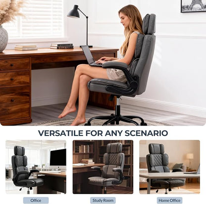 Office Chair with Adjustable Headrest - Executive Leather Desk Chair for Home Office, with Flip-Up Arms & Ergonomic Lumbar Support, Perfect for Work and Study, Gray