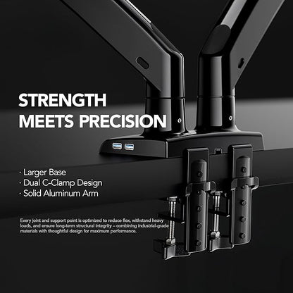 HUANUO Dual Monitor Stand for 13″–40″, Premium Dual Monitor Mount with USB, Height Adjustable Monitor Stand for 2 Monitors, VESA Mount with Clamp/Grommet Base, Holds 26.4lbs per Arm, HNDS7