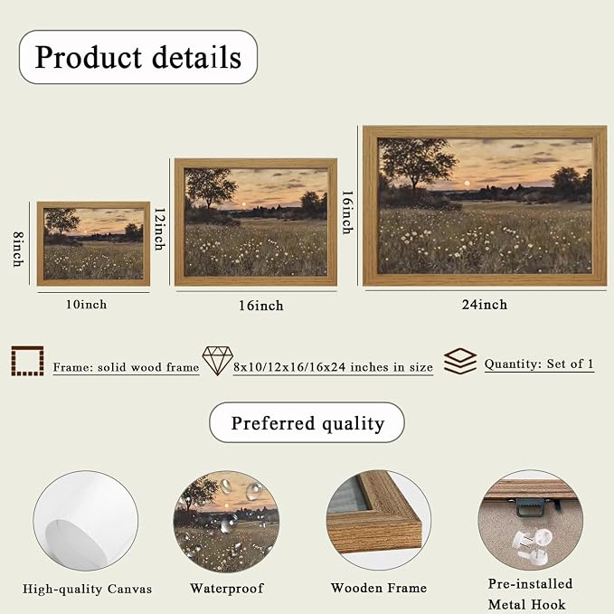 CXQILVER Vintage Framed Meadow Sunset Wall Art, Rustic Twilight Field Landscape Canvas Wall Decor Wildflowers Firefly Poster Print Farmhouse Nature Painting Artwork for Living Room Bedroom 12x16 Inch