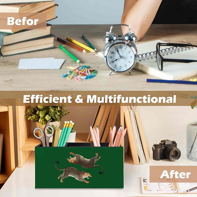 DILSJ Trendy Vintage Leopard Pen Pencil Holder Organizer for Desk, Cheetah Room Decor, Green Cheetah Print Desk Wooden Box Signs for Women Bedroom Tabletop Decoration Office & School Supplies