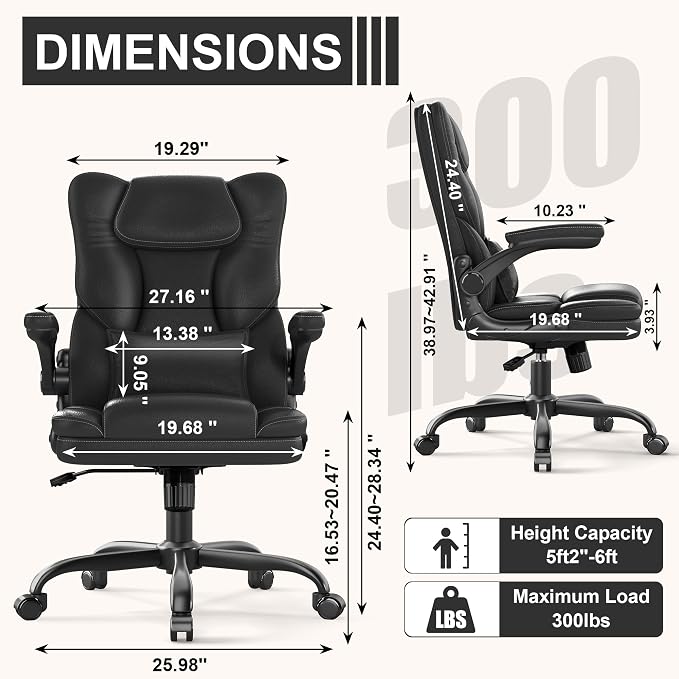 Ergonomic Office Chair with Flip-Up Armrests, Mid Back Executive PU Leather Desk Chair, Height Adjustable with Lumbar Support, Rocking & Swivel Computer Chair for Home Office
