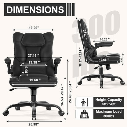 Ergonomic Office Chair with Flip-Up Armrests, Mid Back Executive PU Leather Desk Chair, Height Adjustable with Lumbar Support, Rocking & Swivel Computer Chair for Home Office