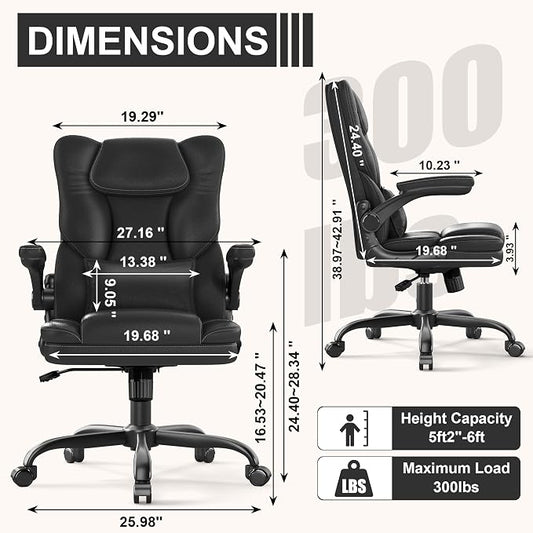 Ergonomic Office Chair with Flip-Up Armrests, Mid Back Executive PU Leather Desk Chair, Height Adjustable with Lumbar Support, Rocking & Swivel Computer Chair for Home Office