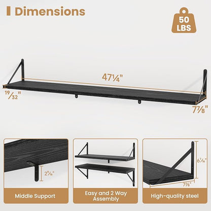 Heimlove Floating Book Shelves for Wall,47.2 Inches Long Wall Mounted Bookshelves,Heavy Duty Bracket Shelves for Living Room Kitchen,Laundry Room Storage & Decor,Set of 3,Black