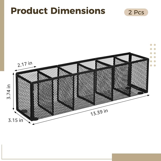 2 Pcs Metal Mesh Pen Holder, 6 Compartments Pencil Caddy, Large Capacity Desk Organizer with Anti-Slip Pads, Desktop Stationery Storage Box for Home, Office