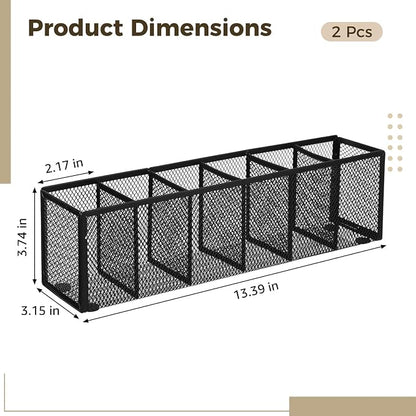 2 Pcs Metal Mesh Pen Holder, 6 Compartments Pencil Caddy, Large Capacity Desk Organizer with Anti-Slip Pads, Desktop Stationery Storage Box for Home, Office