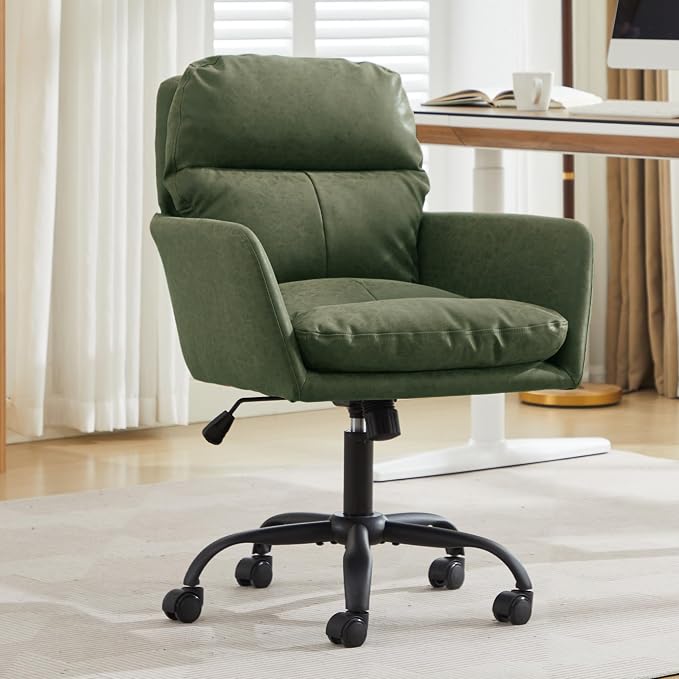 YITAI Adjustable Home Office Desk Chair with Comfy Square Mid-Back, Faux Leather 360,Study Green