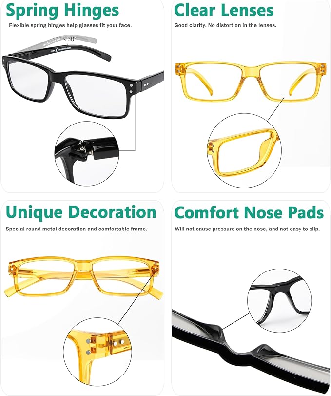 Eyekepper Vintage Reading Glasses for Men - 3 Pairs Black and 2 Pairs Yellow - Spring Hinges Classic Readers +0.25