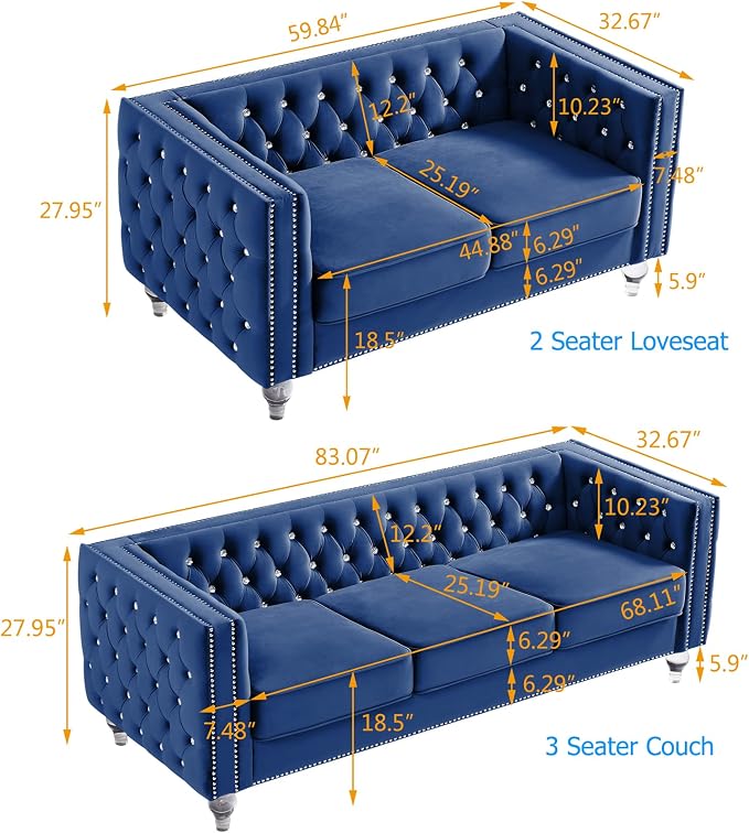 mikibama Velvet Loveseat with Buttons and Square Arms 59 Inch Tufted Sofa with Trimmed Nailhead and Metal Legs Loveseat Couch for Living Room, Bedroom (Navy Blue-Crystal Legs, Loveseat + Sofa)