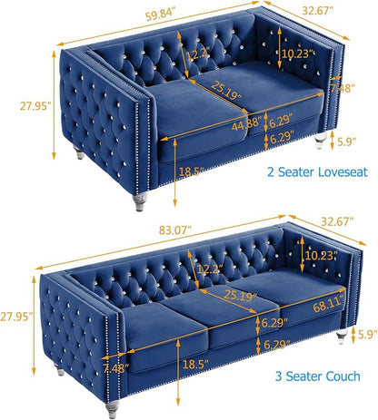 mikibama Velvet Loveseat with Buttons and Square Arms 59 Inch Tufted Sofa with Trimmed Nailhead and Metal Legs Loveseat Couch for Living Room, Bedroom (Navy Blue-Crystal Legs, Loveseat + Sofa)
