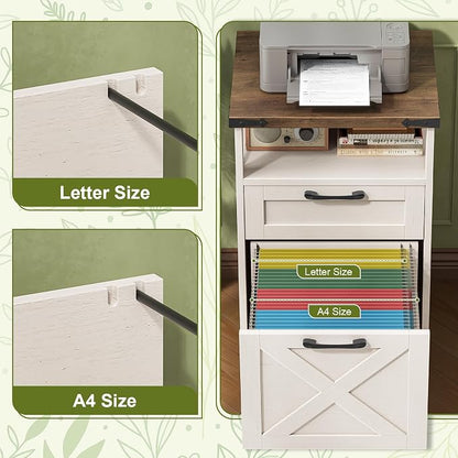 Farmhouse Filing Cabinet with Open Storage Space & Wheels, Office Filing Vertical Cabinet with 2 Drawers, Printer Stand for Hanging Files Letter/A4, Under Desk Storage Cabinets for Home Office. White