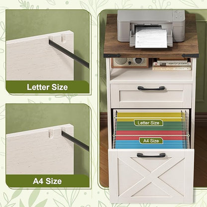 Farmhouse Filing Cabinet with Open Storage Space & Wheels, Office Filing Vertical Cabinet with 2 Drawers, Printer Stand for Hanging Files Letter/A4, Under Desk Storage Cabinets for Home Office. White