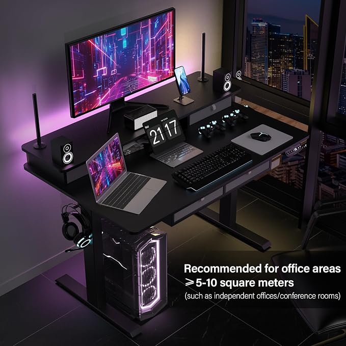 48 * 30 Inches Electric Standing Desk Adjustable Height with 4 Drawers, Double Storage Shelves Stand Up Desk, Home Office Workstation Sit Stand Desk (Classical Black)