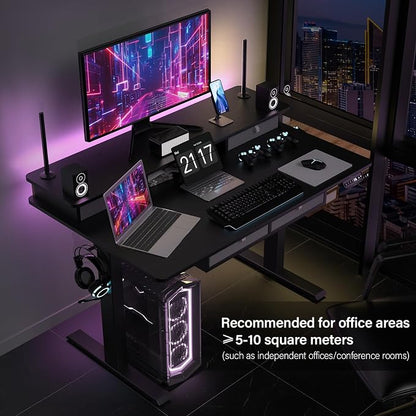 48 * 30 Inches Electric Standing Desk Adjustable Height with 4 Drawers, Double Storage Shelves Stand Up Desk, Home Office Workstation Sit Stand Desk (Classical Black)