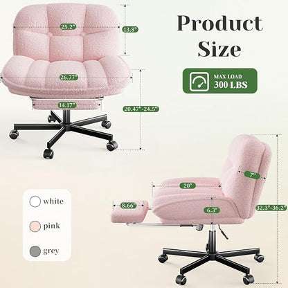 DurayLoly Criss Cross Office Chair with Footrest, 6.3" Thick Cushioned Cross Legged Office Chair with Wheels, Reclining & Height Adjustable, Swivel Armless Vanity Chair for All-Day Comfort (Pink)