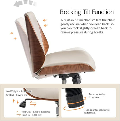 HULALA HOME Faux Leather Home Office Chair with Bent Wood Design & Rocking Tilt Function, Modern Swivel Desk Chair with Adjustable Height, Comfy Upholstered Armless Computer Task Chair, Ivory