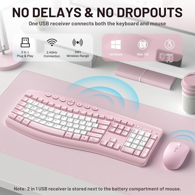 Wireless Keyboard and Mouse Combo,2.4G Full Size Ergonomic Curved Silent Keyboard with Fn Multimedia Keys for Office and Home, 3-DPI Quiet Mouse for Windows,Mac OS Desktop/Laptop/PC (Light Pink-B)
