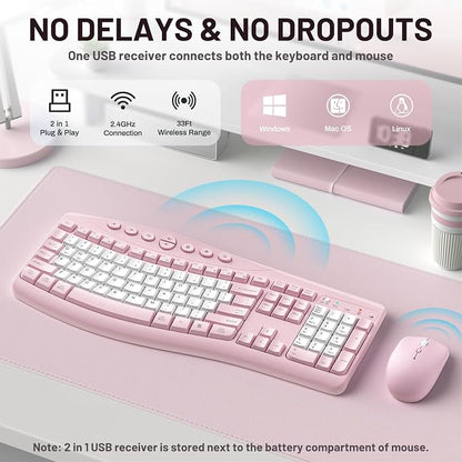 Wireless Keyboard and Mouse Combo,2.4G Full Size Ergonomic Curved Silent Keyboard with Fn Multimedia Keys for Office and Home, 3-DPI Quiet Mouse for Windows,Mac OS Desktop/Laptop/PC (Light Pink-B)