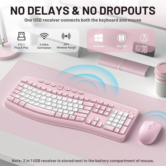Wireless Keyboard and Mouse Combo,2.4G Full Size Ergonomic Curved Silent Keyboard with Fn Multimedia Keys for Office and Home, 3-DPI Quiet Mouse for Windows,Mac OS Desktop/Laptop/PC (Light Pink-B)
