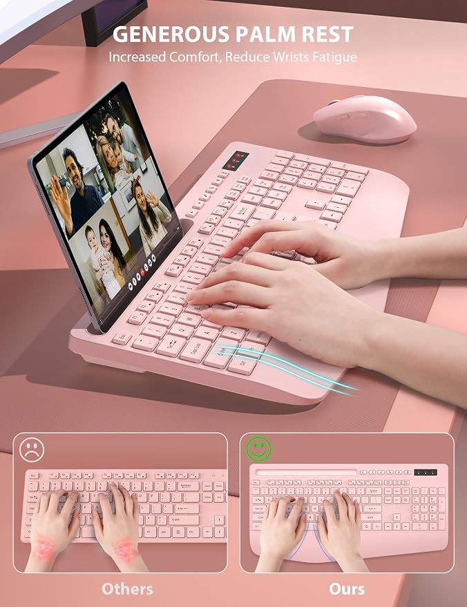 Wireless Keyboard and Mouse Combo - Full-Sized Ergonomic Keyboard with Wrist Rest, Phone Holder, Sleep Mode, Silent 2.4GHz Cordless Keyboard Mouse Combo for Computer, PC, Laptop, Mac, Windows -Trueque