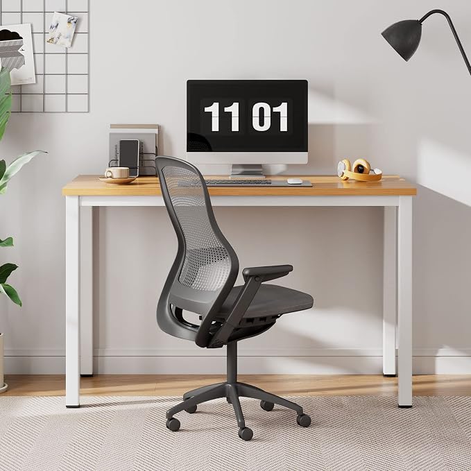 Need 39.4 inch Small Computer Desk, Sturdy Writing Desk for Small Spaces, Teens Computer Desks Study Table Laptop for Home Office, White Metal Frame, Teak Tabletop
