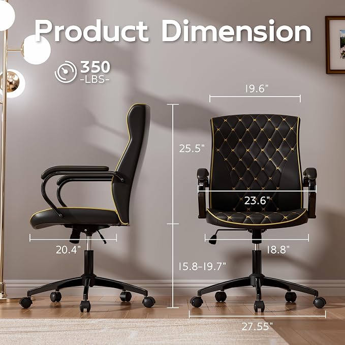 HomeZeer Black Office Chair, Luxury Leather Executive Desk Chair | Elegant Timeless Appeal, Vintage Mid Back Styling with Wheels and Padded Arms, Thick High Density Foam Comfort