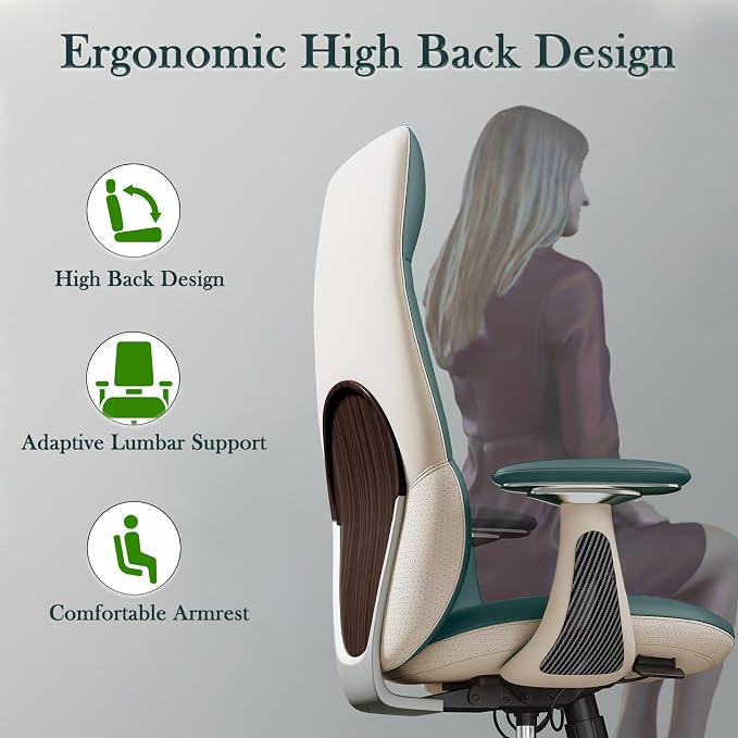Ergonomic Genuine Leather Office Chair, Executive Chair with Tilt Adjustable High Back and Lumbar Support, 400lbs Weight Capacity Metal Base with 360° Flexible Wheels, Green