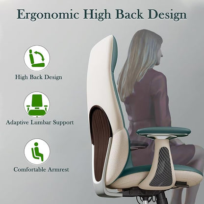 Ergonomic Genuine Leather Office Chair, Executive Chair with Tilt Adjustable High Back and Lumbar Support, 400lbs Weight Capacity Metal Base with 360° Flexible Wheels, Green