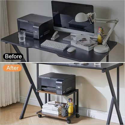 IBUYKE Under Desk Printer Stand,2 Tier Printer Cart,Mobile Home Desktop Organizer Shelf with 4 Wheels,for Fax, Home Office Use，Rustic Brown UTLJ007H