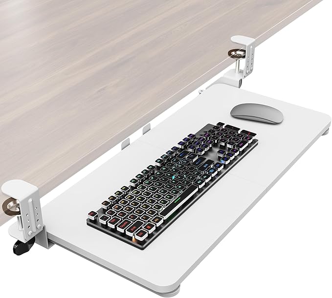Ergonomic Keyboard Tray Under Desk, Pull Out with Adjustable C-clamp, 25.6 (31.5 Including Clamps) x 11.8 Inch Slide Out Computer Keyboard Drawer Mouse Tray for Typing, Large & White