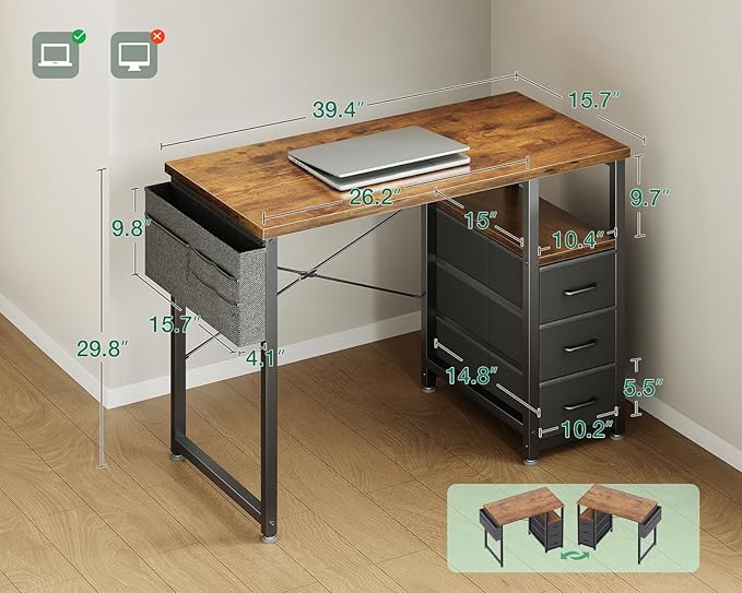 AODK 40 Inch Small Computer Desk with Fabric Drawers, Kids Study Desk for Bedroom, Home Office Desk with Storage Shelf & Bag for Small Space, Vintage