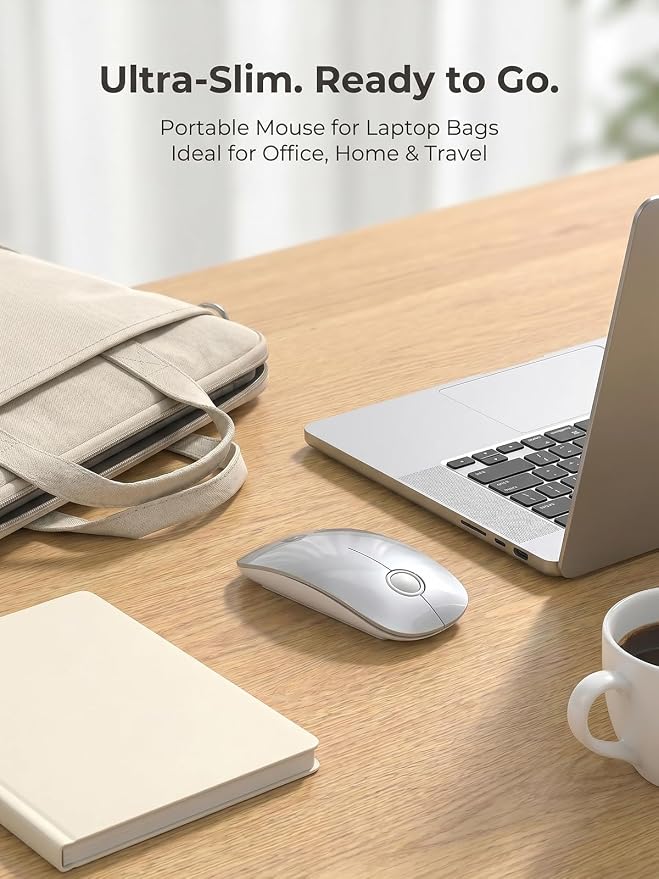 RAPIQUE R306 Wireless Mouse, Bluetooth 5.1 & 2.4GHz Dual Mode Silent Mouse, Silver Gloss Top with White Matte Base, Slim Portable Mouse for Laptop, MacBook,Tablet, Chromebook (Silvery)