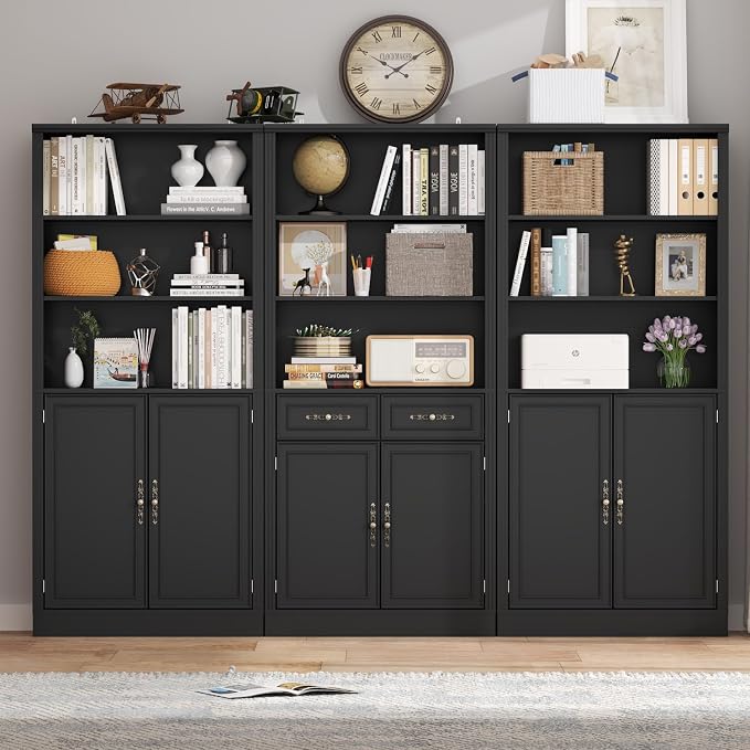 Thacuok 72'' Tall Bookcase with Doors, Adjustable Shelves, P2 MDF Construction, 32'' Wide Freestanding Cabinet with Metal Handles, Hidden Storage for Living Room, Bedroom