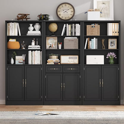 Thacuok 72'' Tall Bookcase with Doors, Adjustable Shelves, P2 MDF Construction, 32'' Wide Freestanding Cabinet with Metal Handles, Hidden Storage for Living Room, Bedroom