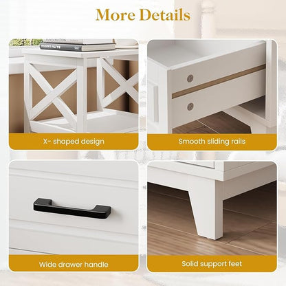 RoyalCraft 30" Tall Nightstand, Modern Painted Bedside Table with 2 Drawers and Open Shelf, Wood Side Table for Bedroom, Home Office, White-Open Shelf Above, Set of 2