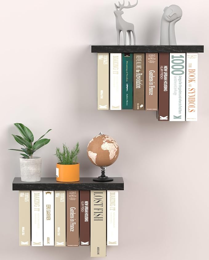 Floating Book Shelves for Wall Set of 2, Unique Wood Hanging Bookshelf | Easy Install Wall Bookshelf with Anti-Tilt Metal Bracket, Floating Bookshelf Storage Display Wall Shelves for Home Decor