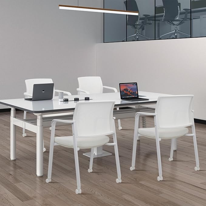 CLATINA Stacking Office Chairs with Wheels | Mesh Back, Thicken Leather Seat and Streamline Armrests, Ergonomic Lumber Support | School, Desk, Guest Reception, Waiting, Conference, White