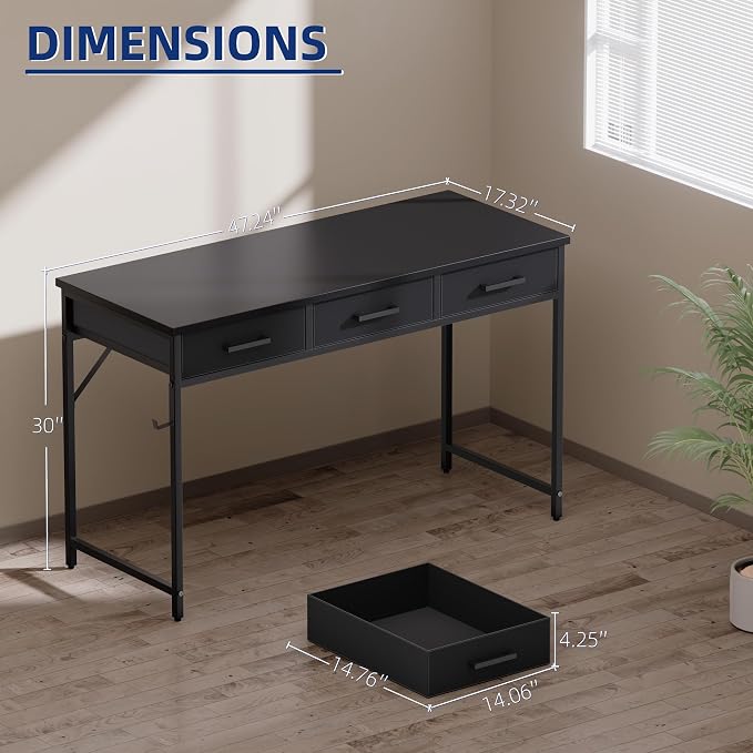 Pamray 47 Inch Small Computer Desk with 3 Drawers for Bedroom Study Writing Home Office Table for Small Spaces White