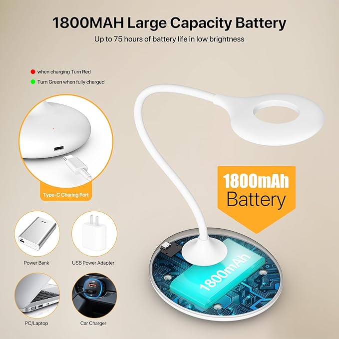 Rechargeable Desk Lamp, 670nm Red Light Therapy & Eye Protection Orange Light, 3 Color Modes, Stepless Dimming Touch Control, No Blue Light, Portable Cordless Reading Lamp for Bedroom Office Students