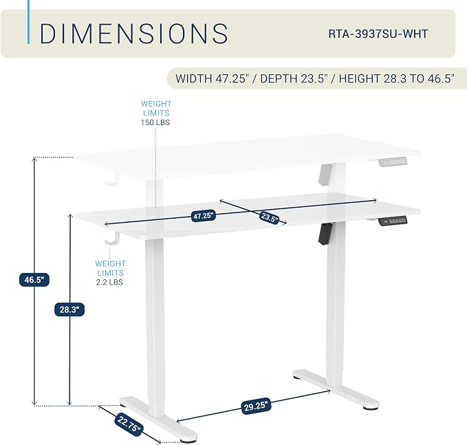 Techni Mobili 48” W Electric Standing Desk, Height Adjustable Sit-to-Stand Desk with 3 Memory Presets and Dual Accessory Hooks, Computer Workstation for Home or Office (White)