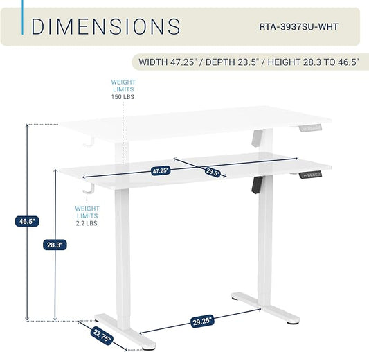 Techni Mobili 48” W Electric Standing Desk, Height Adjustable Sit-to-Stand Desk with 3 Memory Presets and Dual Accessory Hooks, Computer Workstation for Home or Office (White)
