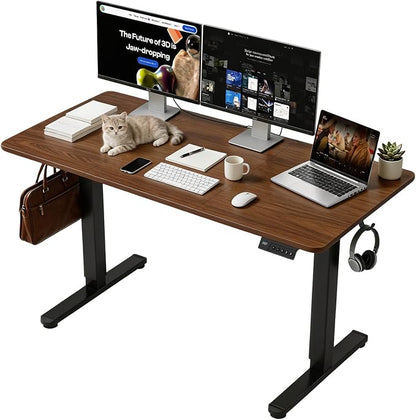 Height Adjustable Electric Desk, 55x24 Inches Stand up Desk with 3 Memory Presets & Child Lock, Quiet Motor, T-Leg Steel Frame, for Computer Workstation or Server Desk, Brown